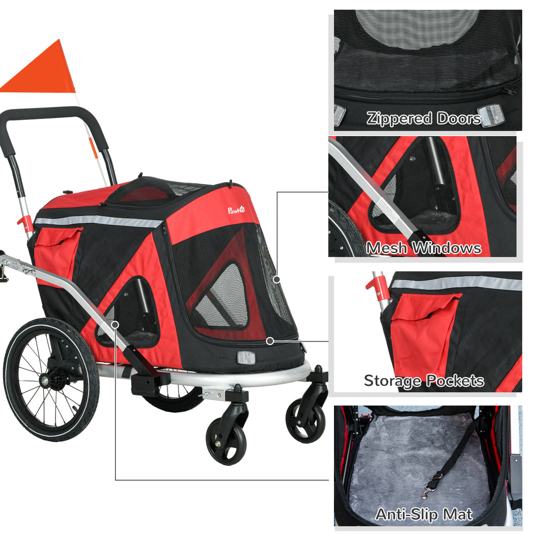 PawHut Aluminium 2-in-1 Foldable Dog Bike Trailer & Pet Stroller for Medium Dogs, Portable with Safety Flag, Red | Aosom UK