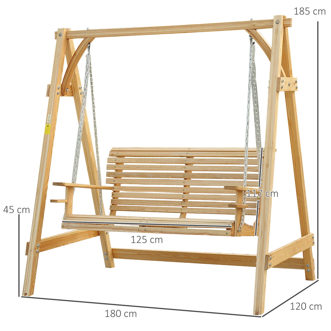 2 Seater Garden Swing Seat, Wooden Swing Chair Bench with Cup Holders for Outdoor Porch Patio, Natural