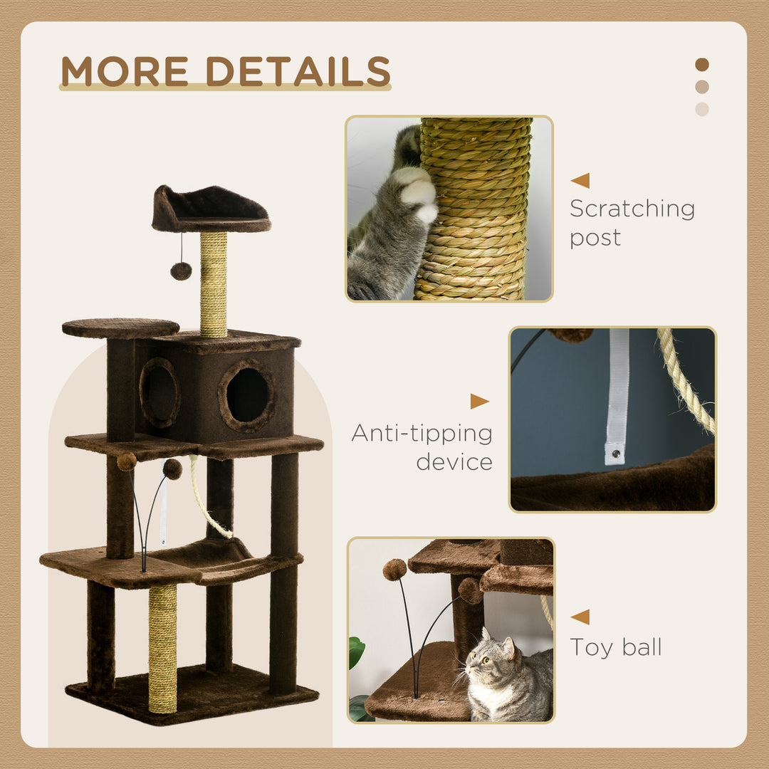 PawHut 136cm Cat Tree for Indoor Cats, Modern Cat Tower with Scratching Posts, house, Platforms, Toy Ball - Brown | Aosom UK