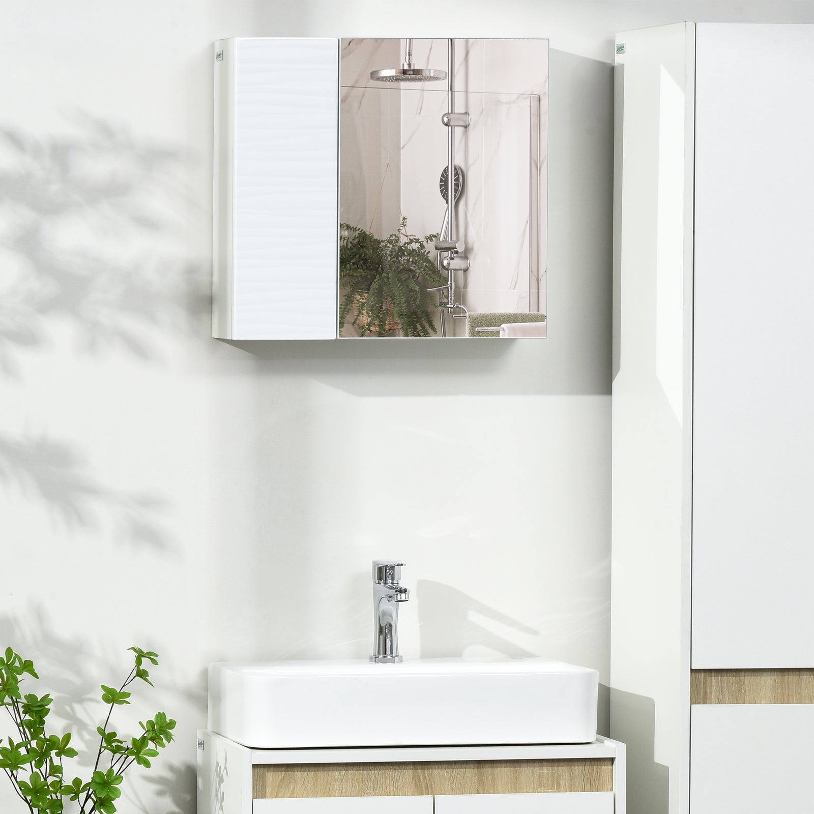 Bathroom Cabinet with Mirror, Double Door Wall Mounted Storage Cupboard Organizer with Adjustable Shelves, White