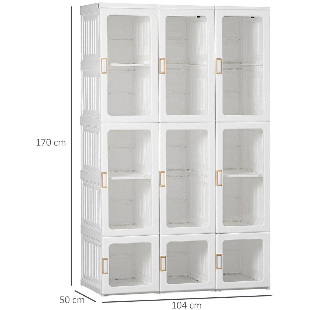 Portable Clothes Wardrobe for Bedroom, Foldable Clothes Organiser with Cube Storage, Hanging Rods, Magnet Doors, White