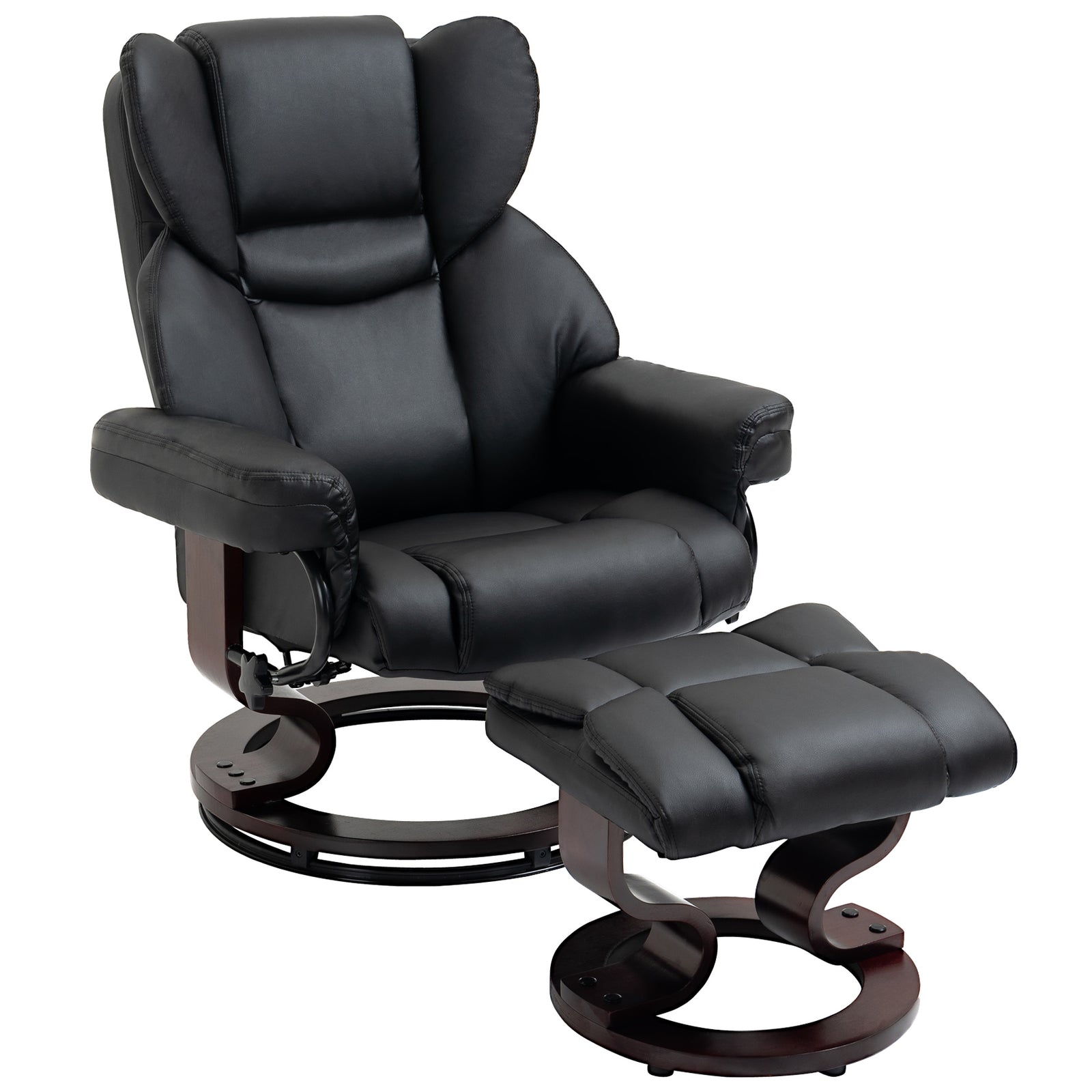 360° Swivel Recliner Chair with Footstool, PU Leather Manual Recliner Armchair with Solid Wood Base, Upholstered Reclining Chair for Living Room, Bedroom, Office, Black