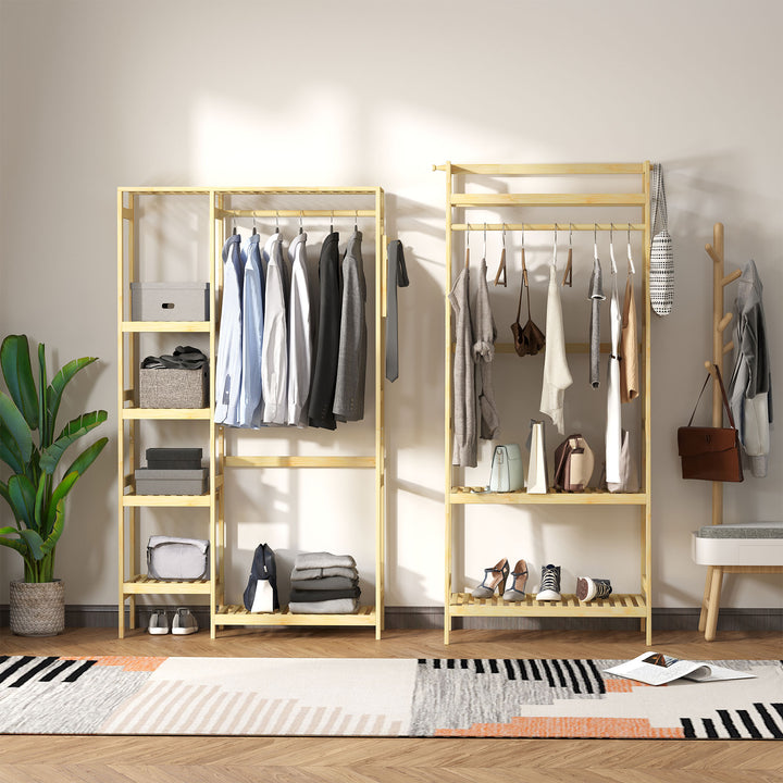 Bamboo Garment Rack, Clothes Rack with Storage Shelf, Hanging Rail and Side Hooks for Entryway, Bedroom, Bathroom and Office, Natural