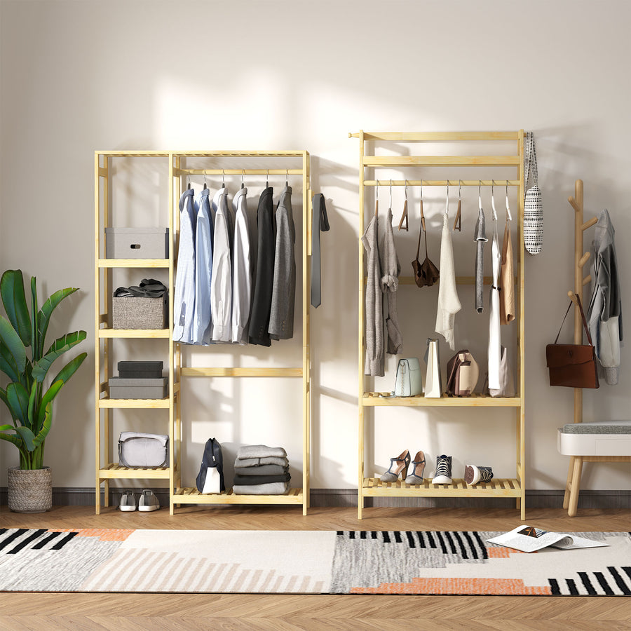 Bamboo Garment Rack, Clothes Rack with Storage Shelf, Hanging Rail and Side Hooks for Entryway, Bedroom, Bathroom and Office, Natural