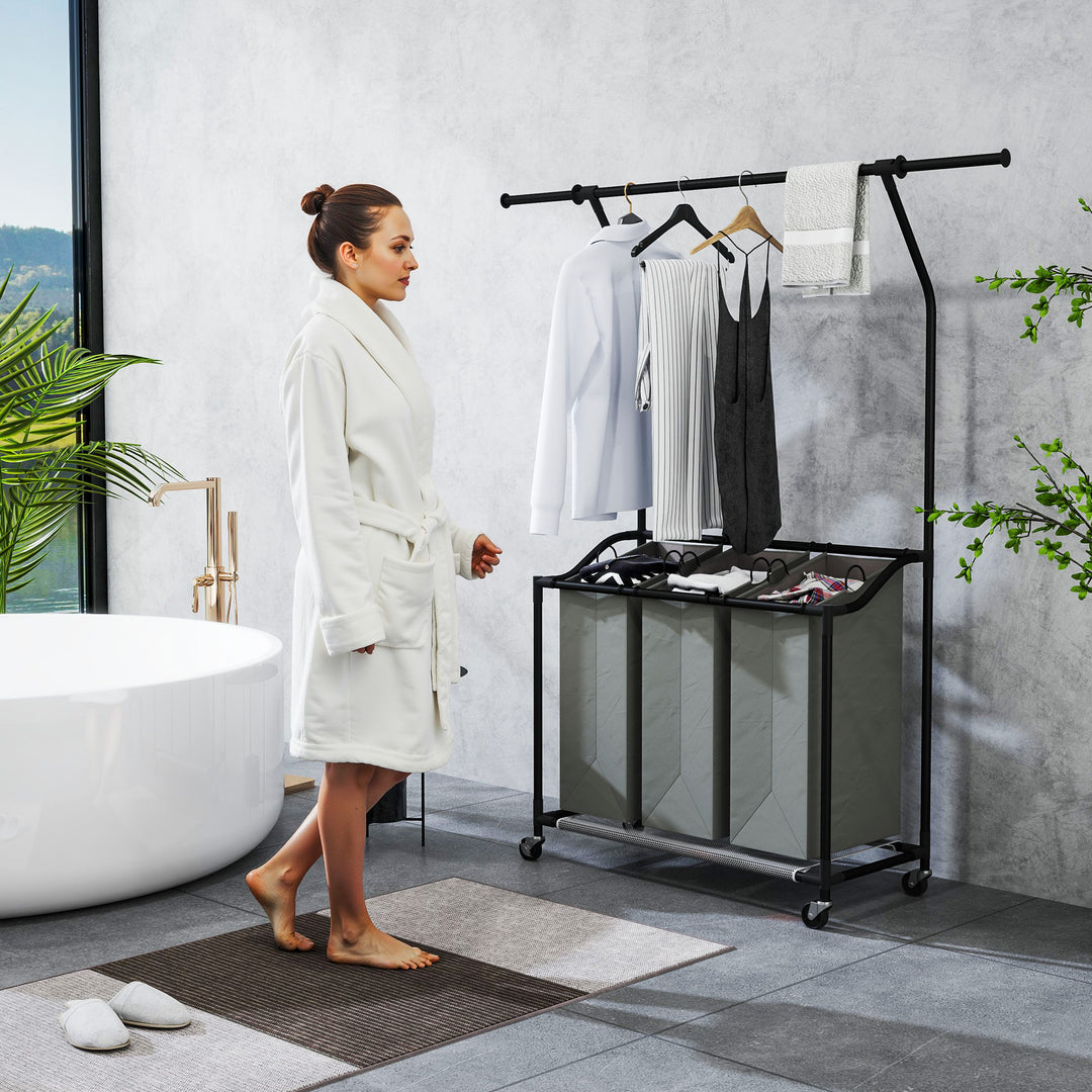 3x 42L Laundry Basket Unit, with Hanging Rail - Black/Grey