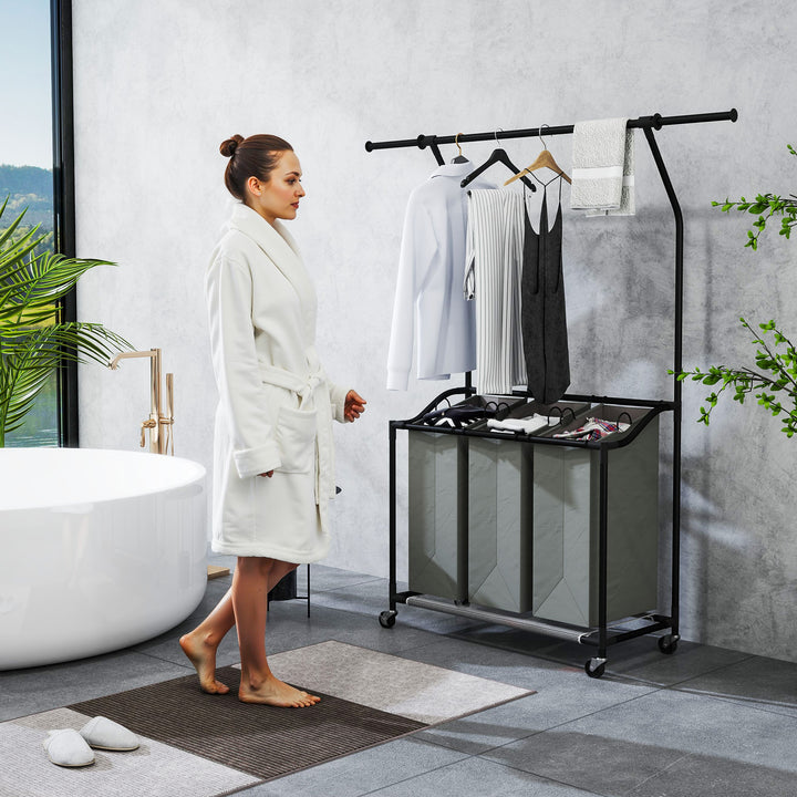 3x 42L Laundry Basket Unit, with Hanging Rail - Black/Grey