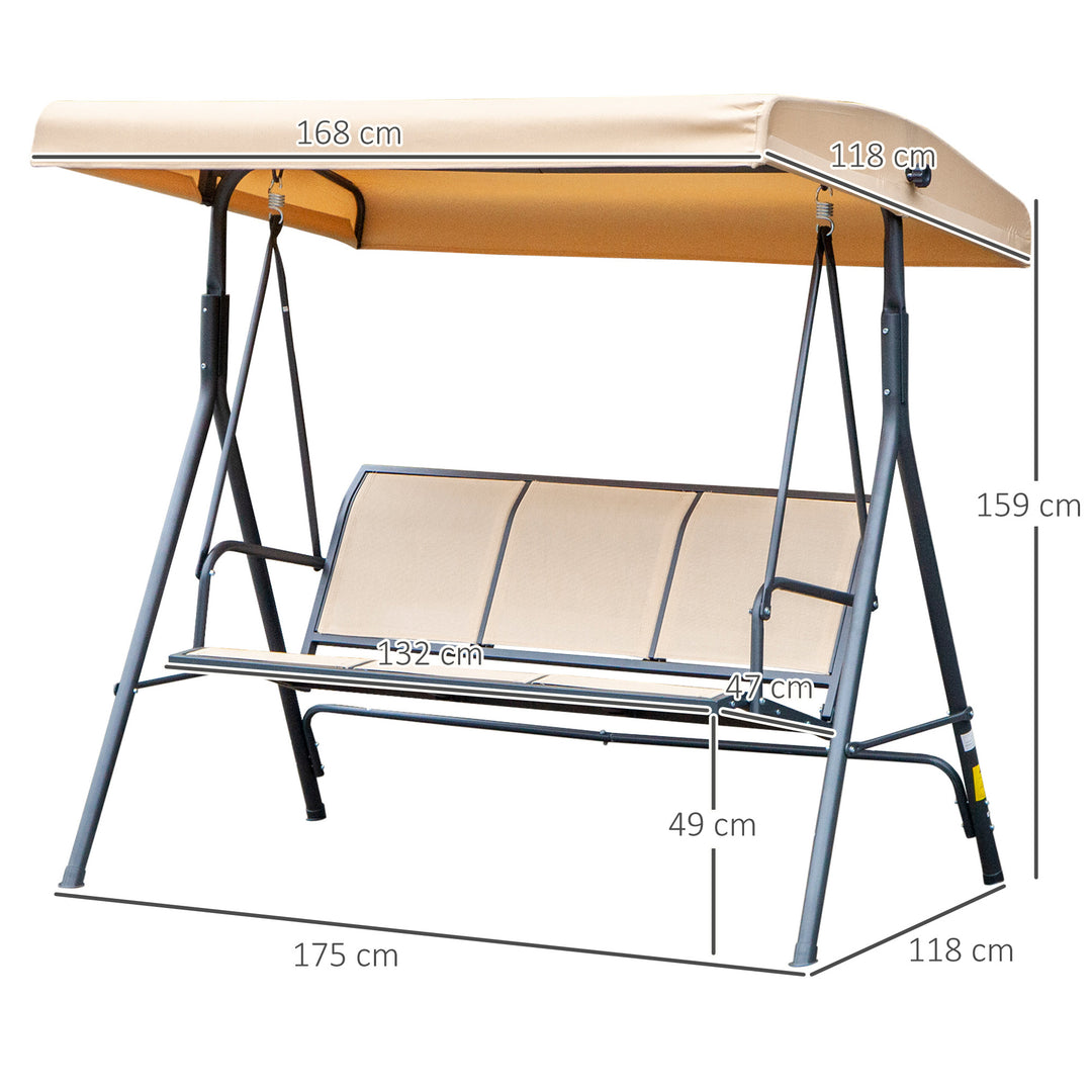 3 Seater Swing Chair, Garden Swing Bench with Canopy, Breathable Mesh Seat and Heavy Duty Steel Frame for Patio, Yard, Beige