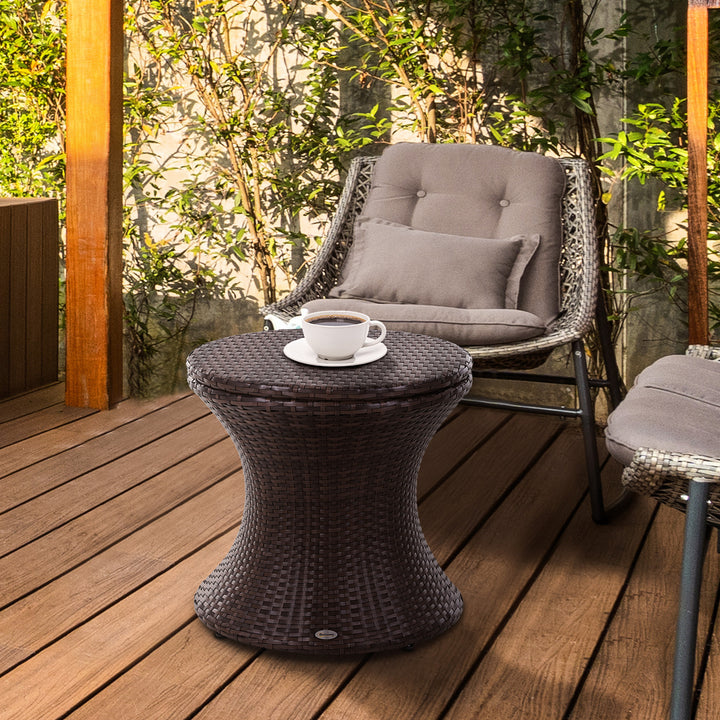 PE Rattan Ice Bucket Table, Height Adjustable Liftable Outdoor Drinks Cooler, 52 cm Round Garden Beer Cocktail Table with Lid for Bar, Patio, Terrace, Brown