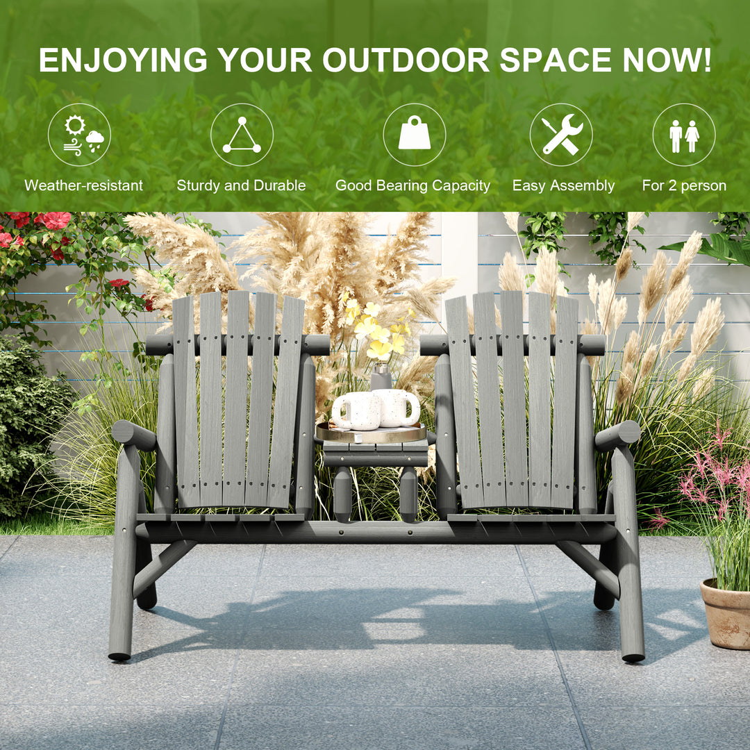 Wood Patio Chair Bench 2 Seats w/ Centre Coffee Table, Garden Bench, Grey
