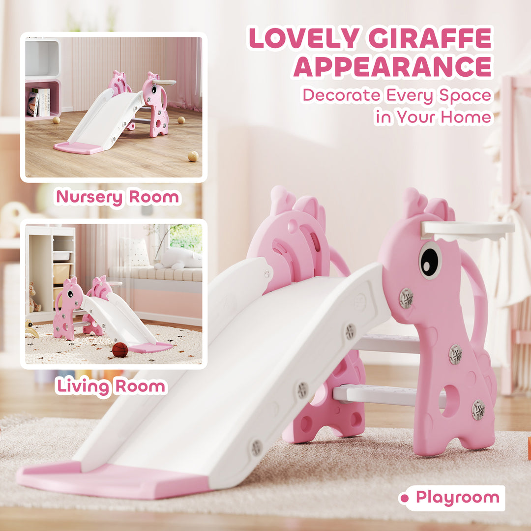 3 in 1 Kids Slide with Climber, Basketball Hoop and Ball, Giraffe Shap
