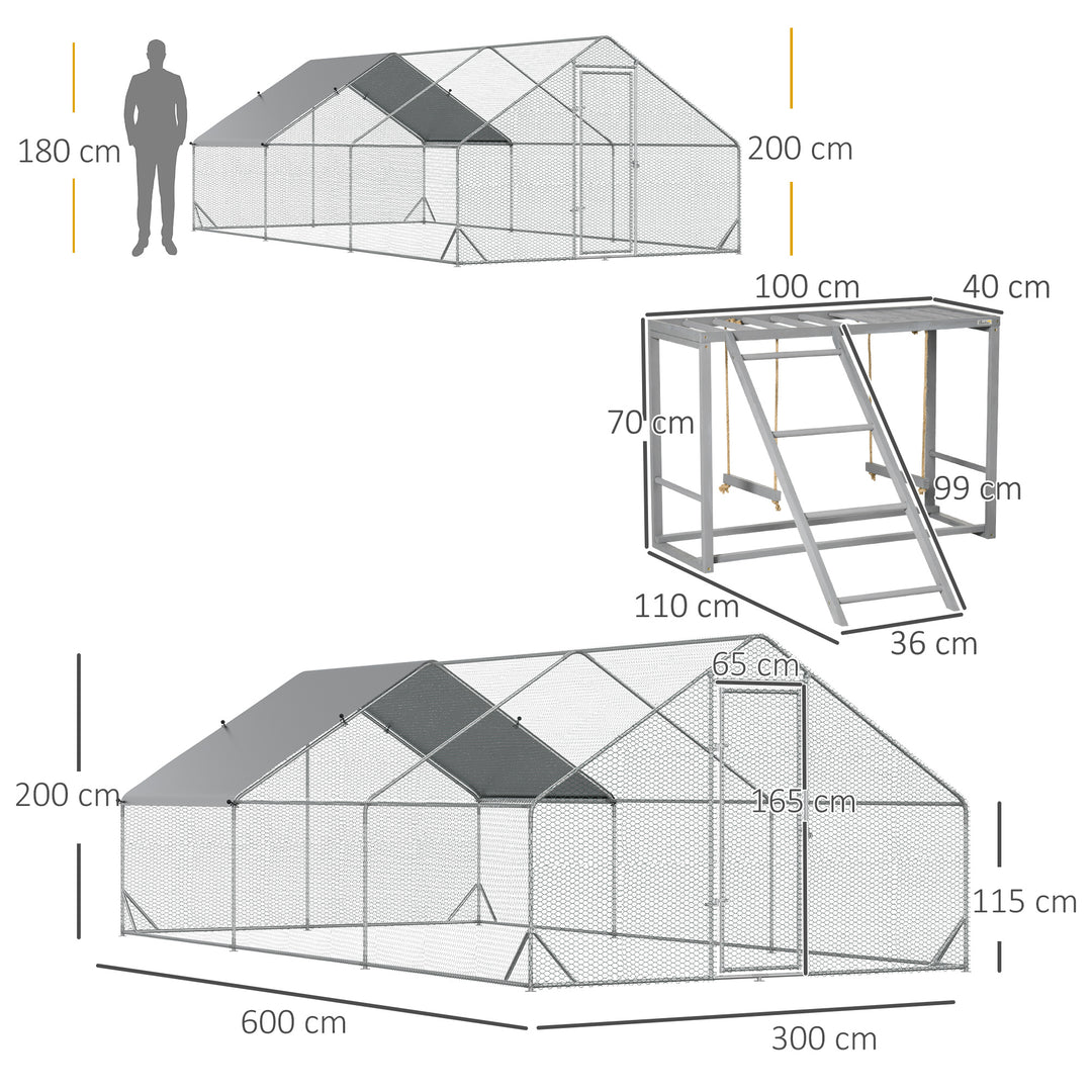 Walk In Chicken Run with Chicken Activity Shelf and Cover, 3 x 6 x 2m