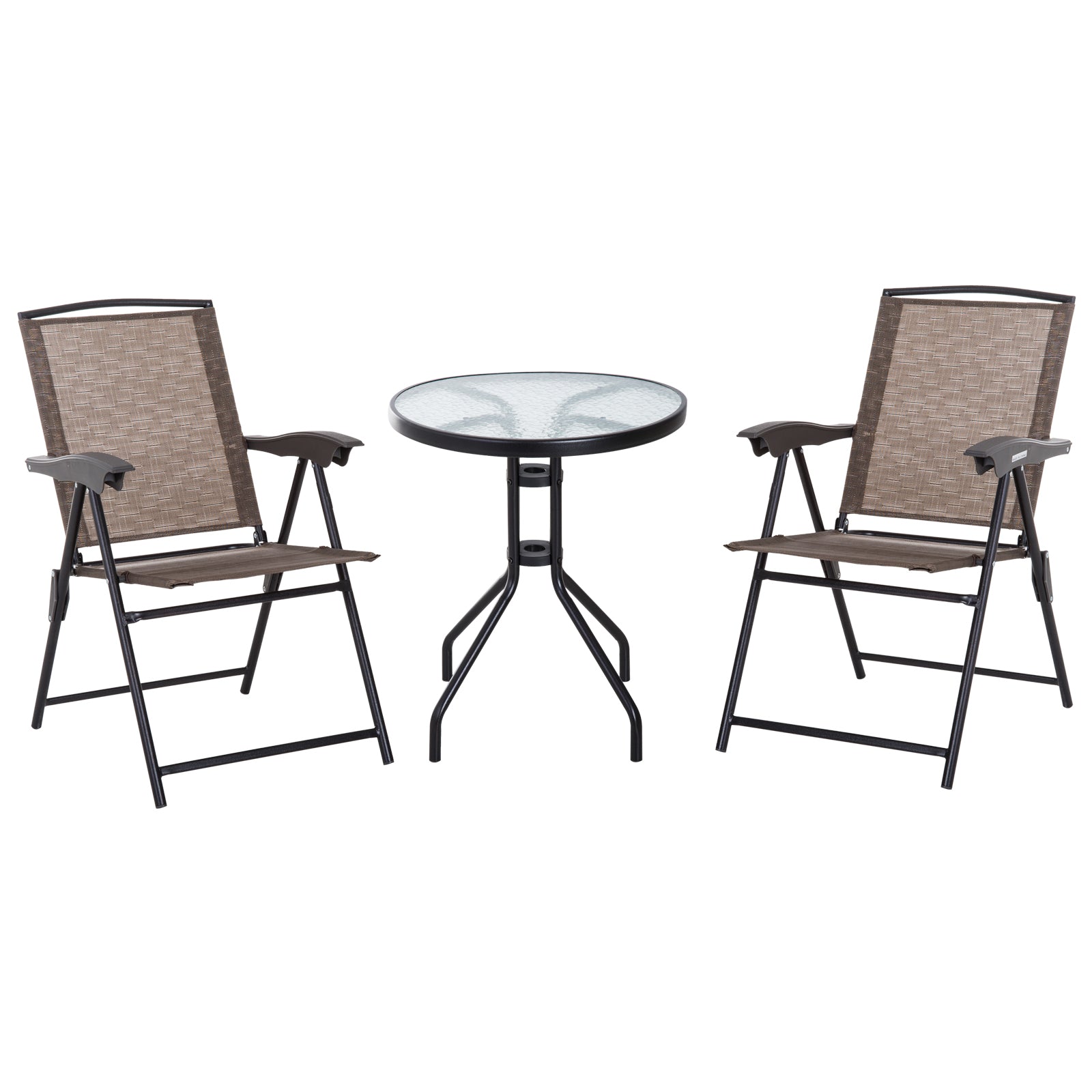 3 Piece Outdoor Bistro Set, Patio Conversation Furniture Set with 2 Folding Backrest Adjustable Armchairs and Glass Top Coffee Table, Brown
