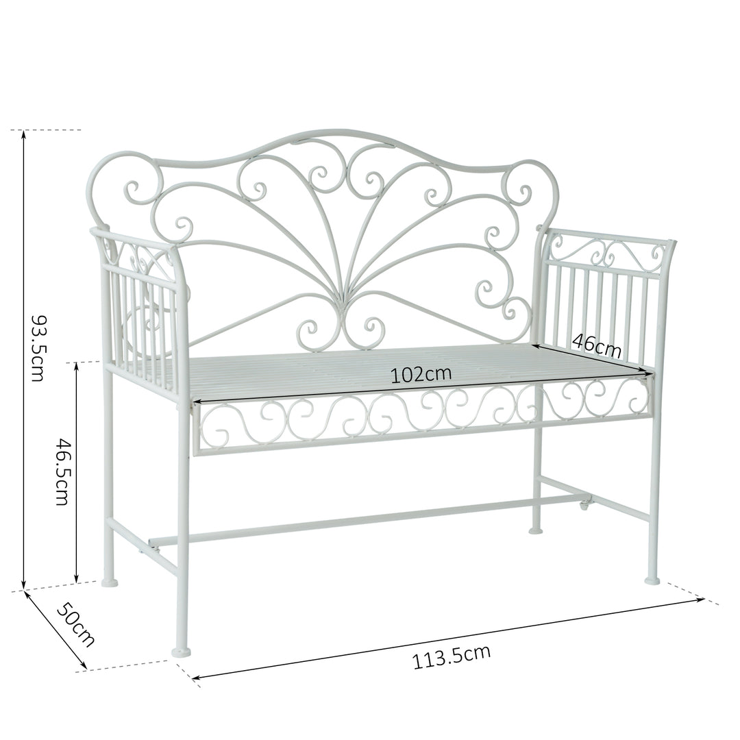 Outsunny Garden 2 Seater Metal Bench Park Seating Outdoor Furniture Chair w/ Decorative Backrest White