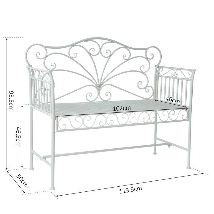 Outsunny Garden 2 Seater Metal Bench Park Seating Outdoor Furniture Chair w/ Decorative Backrest White