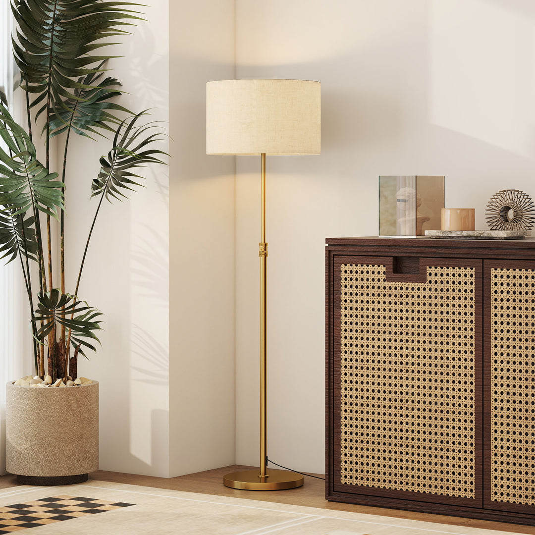 MCL Floor Lamp with Remote, Height Adjustable Standing Lamp with Linen Shade, Dimmable with 3000K-6000K Adjustable Colour Temperatures, Foot Switch for Living Room Bedroom Office, Gold Tone