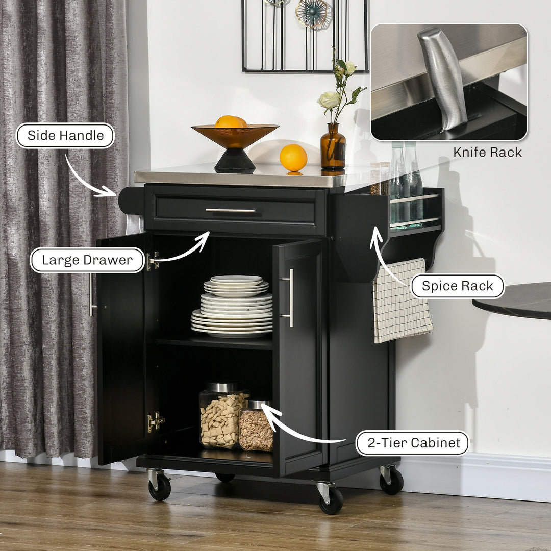 MCL Wooden Kitchen Island on Wheels, Serving Cart Storage Trolley with Stainless Steel Top, Drawer, Side Handle and Rack, Black