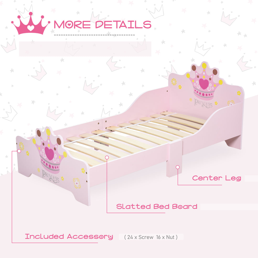 HOMCOM Kids Wooden Bed with Crown Modeling Safety Side Rails Easy to Clean Perfect Gift for Toddlers Girls Age 3 to 6 Years Old Pink | Aosom UK