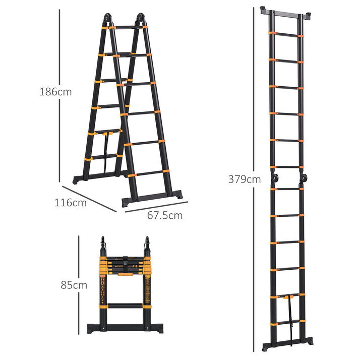 HOMCOM 3.8M Duo Aluminium Ladder w/ Tool Holder Herringbone Deployed Extendable DIY w/ 12 Non-Slip Steps, Yellow