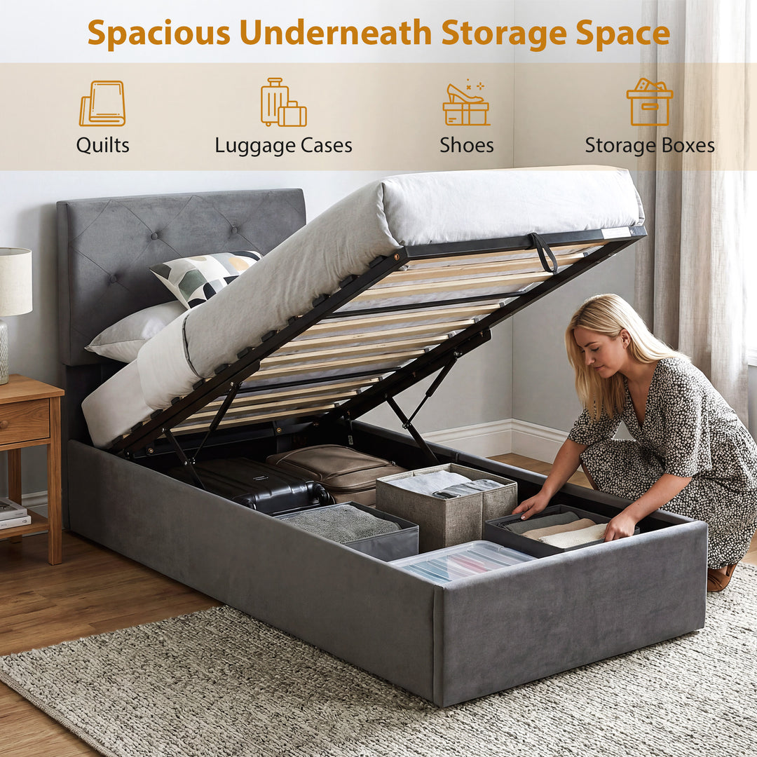 Single Bed Frame Gas End Lift Under Bed Storage Upholstered Platform B