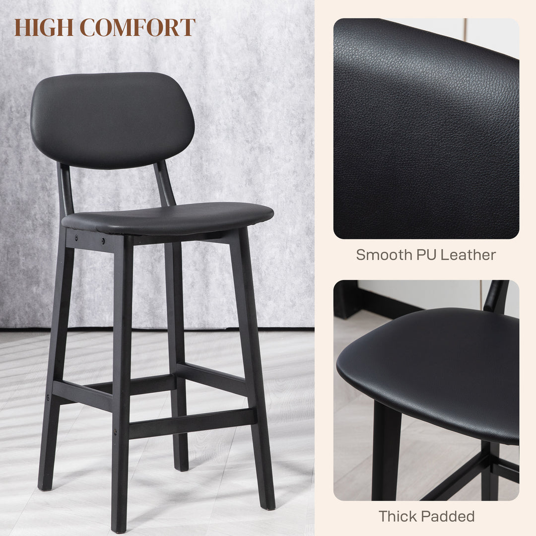 HOMCOM Bar Stools Set of 2, Modern Breakfast Bar Chairs, Faux Leather Upholstered Counter Bar Stool with Backs and Wood Legs, Black | Aosom UK