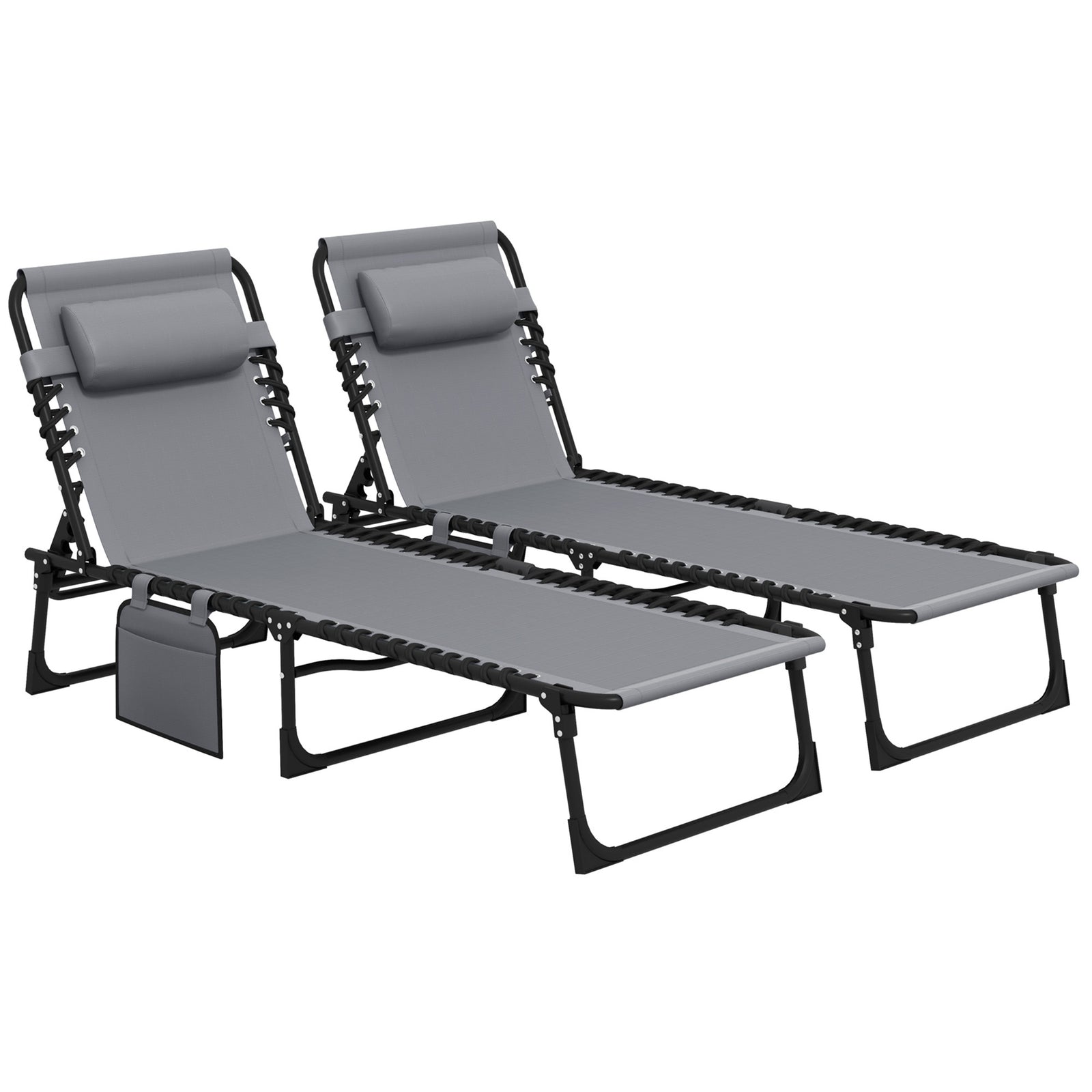 Portable Sun Lounger Set of 2, Folding Camping Bed Cot, Reclining Lounge Chair 5-position Adjustable Backrest with Side Pocket, Pillow for Patio Garden Beach Pool, Grey