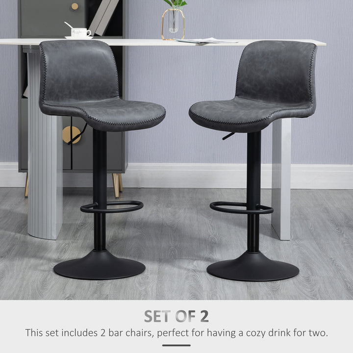 Set of 2 Bar Stool, Adjustable Height PU Leather Barstools with Swivel Seat and Footrest for Breakfast Bar, Kitchen and Home, Dark Grey