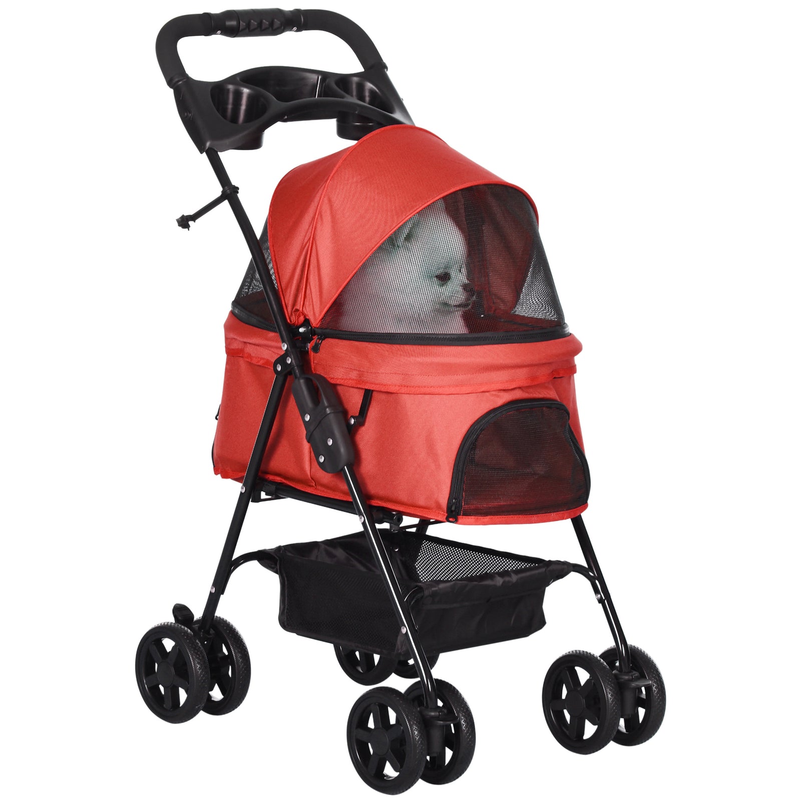 Dog Pram Dog Stroller Foldable Pet Pushchair with 4 Wheels, Safety Leashes, Cup Holder for Small Dogs, Red