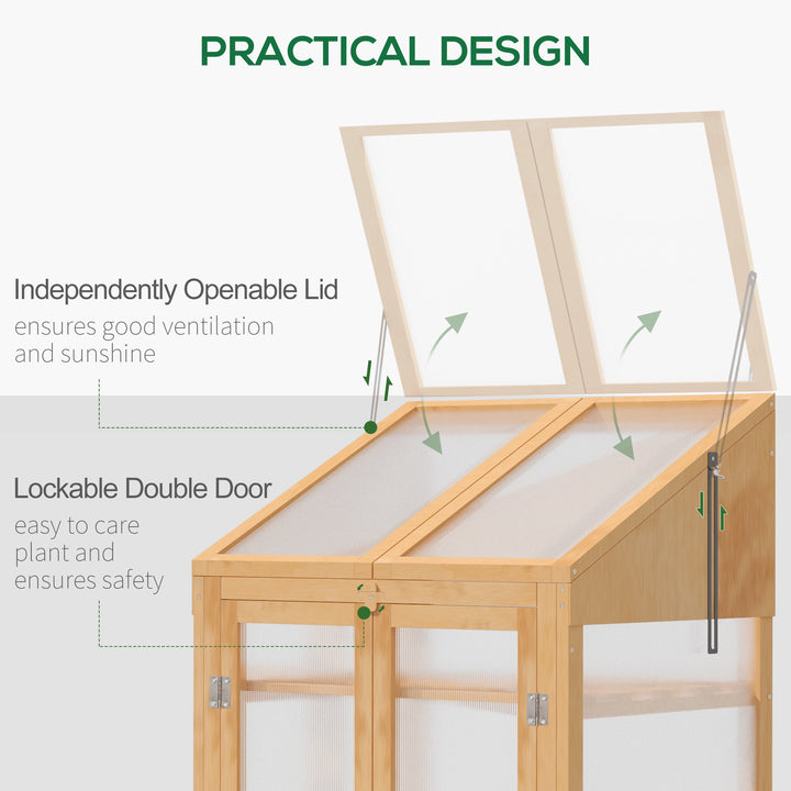 Wooden Cold Frame Polycarbonate Greenhouse with Openable Top Cover and Double Door, Grow House for Flower, Vegetable and Plants, 70 x 50 x 120cm, Grey