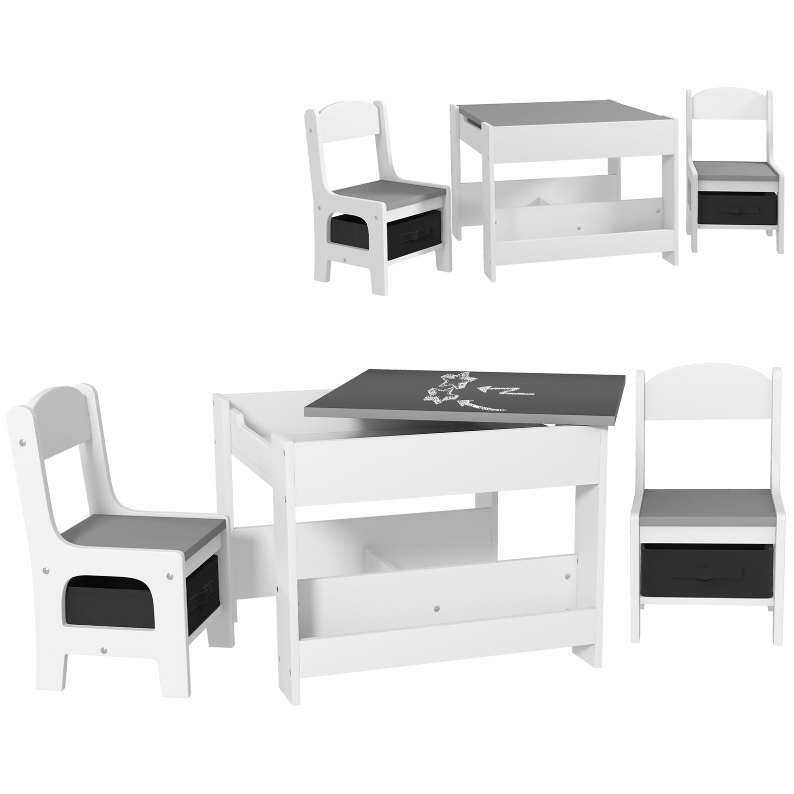 Three-Piece Kids Table and Chair Set with Blackboard, Storage, Bookshelves - Grey