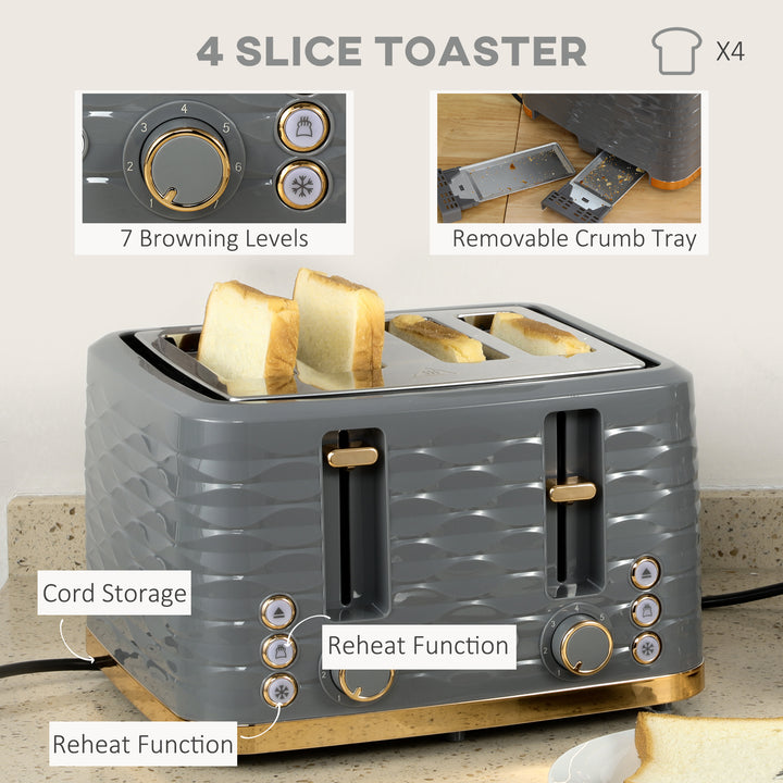 HOMCOM Kettle and Toaster Sets, 1600W 1.7L Rapid Boil Kettle & 4 Slice Toaster w/7 Browning Controls Defrost Reheat Crumb Tray Otter thermostat Grey
