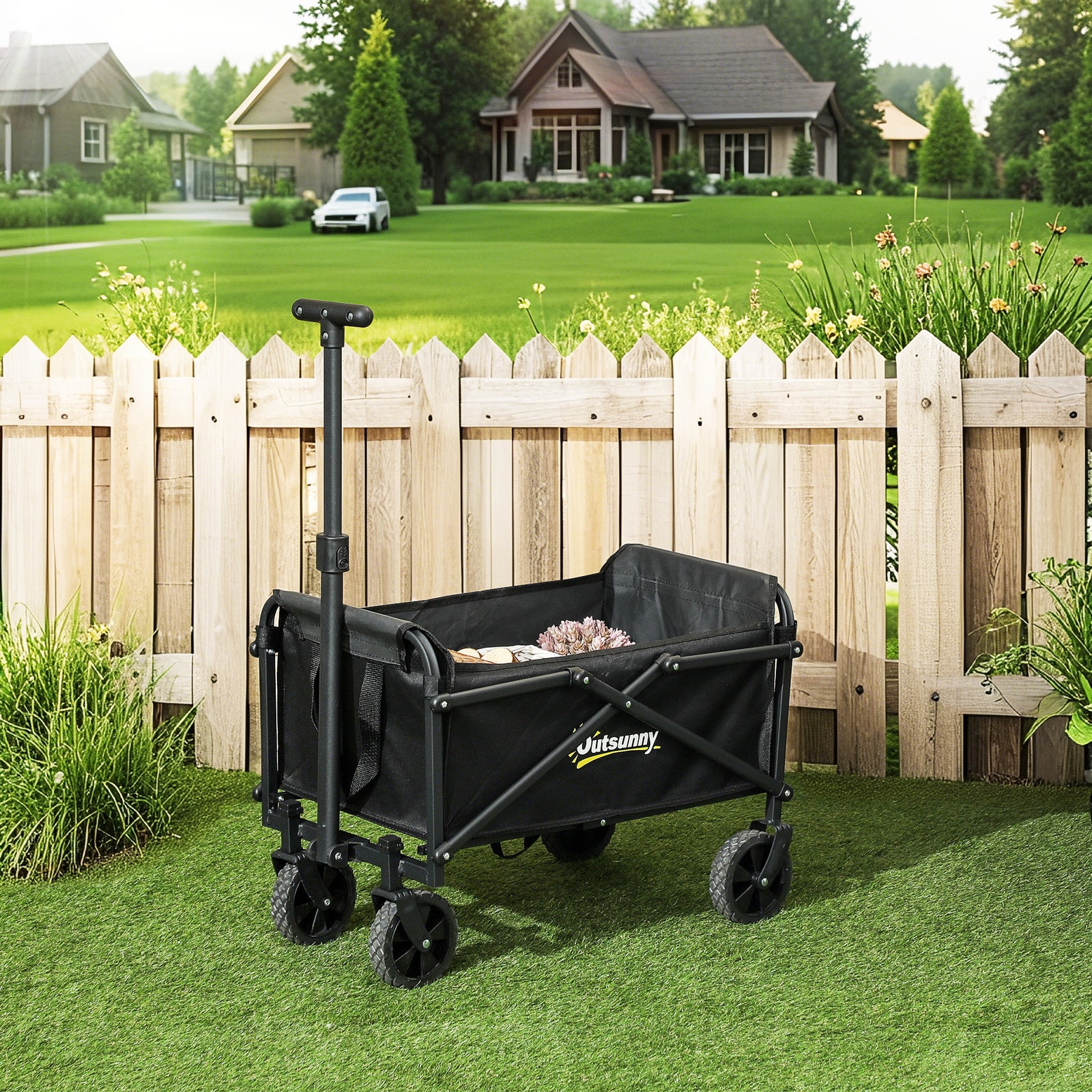 41L Festival Trolley on Wheels, Small Garden Folding Trolley Cart, 60kg Heavy Duty Collapsible Folding Wagon with Adjustable Handle and Carrying Bag for Beach, Camping, Festival, Black