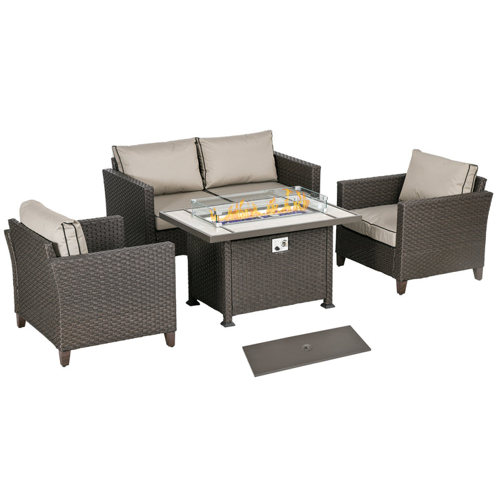 Outsunny 5-Piece Rattan Patio Furniture Set with Gas Fire Pit Table, Loveseat Sofa, Armchairs, Cushions, Pillows, Deep Brown