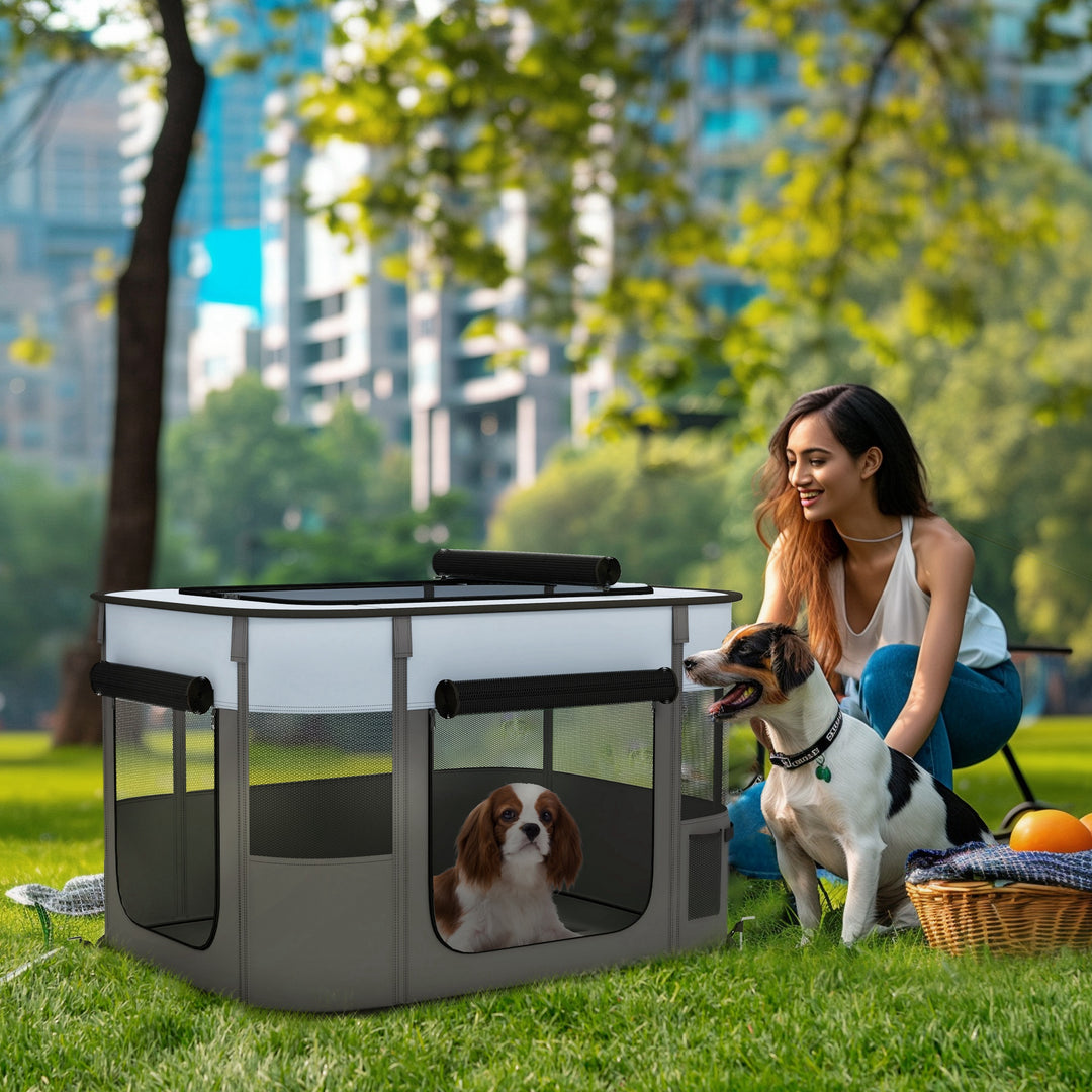 PawHut Foldable Dog Pen with Storage Bag for Indoor/Outdoor Use, Grey | Aosom UK