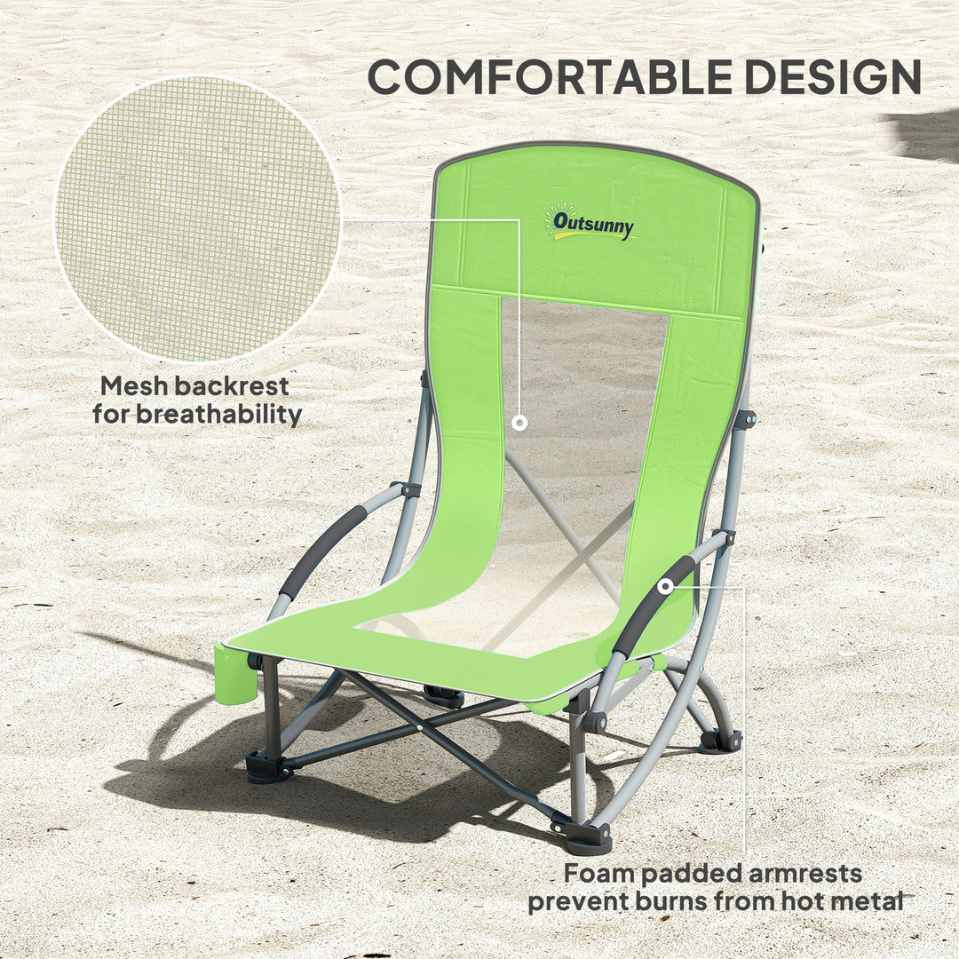 Set of 2 Folding Beach Chair, Low Camping Chair with Mesh Back, Carry Bag and Cup Holder for Garden Outdoor Picnic Festival Travel, Green