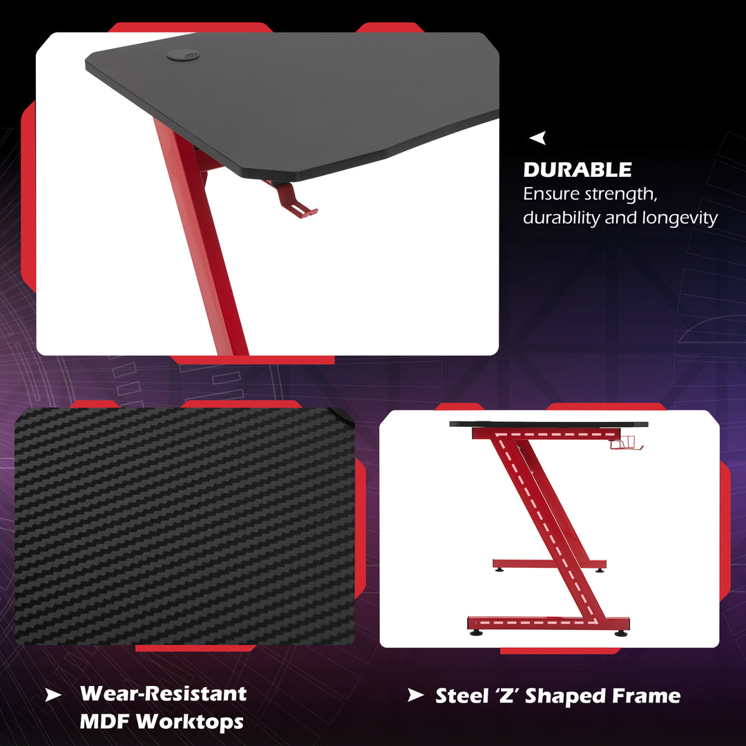 HOMCOM Gaming Desk Steel Frame w/ Cup Headphone Holder Adjustable Feet Cable Organiser Home Office Computer Table Red | Aosom UK