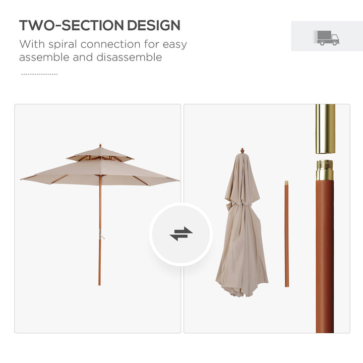 MCL 2.7m Wooden Parasol Elegant Two-Tier Design Garden Parasol Umbralle for Outdoor Shade, Beige