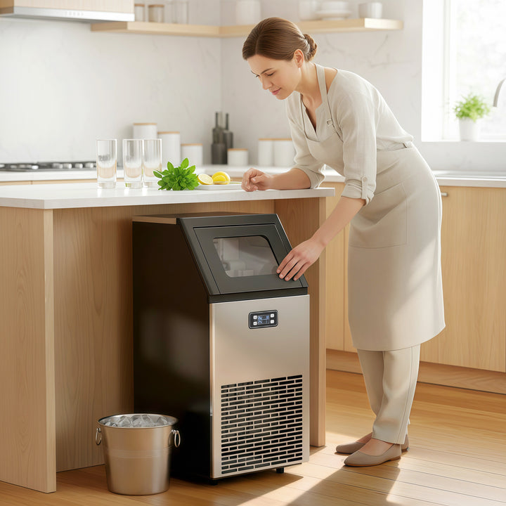 Commercial Ice Maker Machine, Freestanding Stainless Steel Ice Machine with Self-Cleaning, LCD Display, 45kg/24 Hours and 11kg Storage for Home, Office, Bar, Restaurant