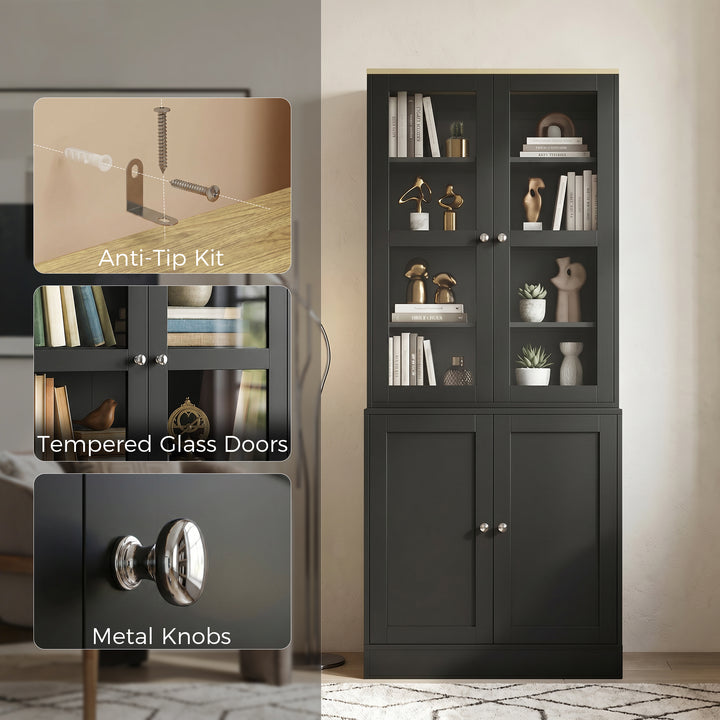 Modern Bookcase Display Storage Unit with Glass Doors Adjustable Shelv
