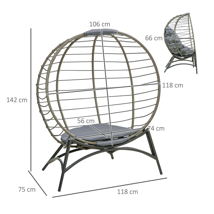 Folding Rattan Egg Chair, Freestanding Basket Chair with Cushion, Bottle Holder Bag for Outdoor or Indoor, Grey