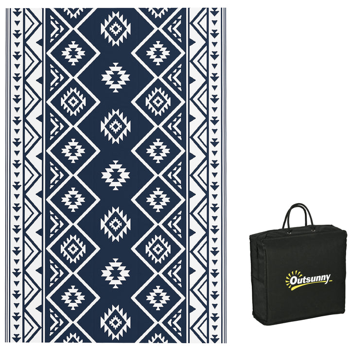 Outsunny Reversible Outdoor Rug, Plastic Straw, Portable with Carry Bag, 182 x 274cm, Dark Blue and White | Aosom UK