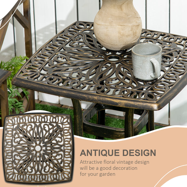 Outdoor Patio Side Table with 38mm Dia. Umbrella Hole, Cast Aluminium Patio coffee Table, 54 x 54cm, Bronze Tone