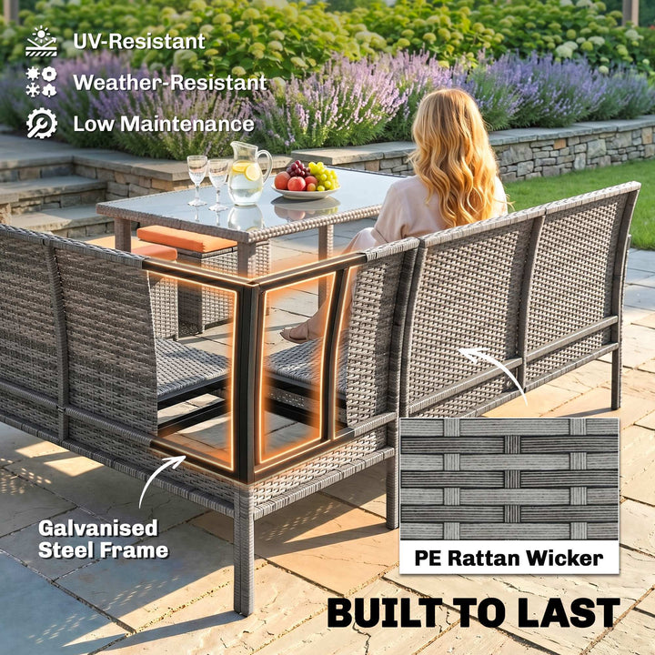 6-Seater Rattan Dining Set Sofa Table Footstool Outdoor w/ Cushion Gar