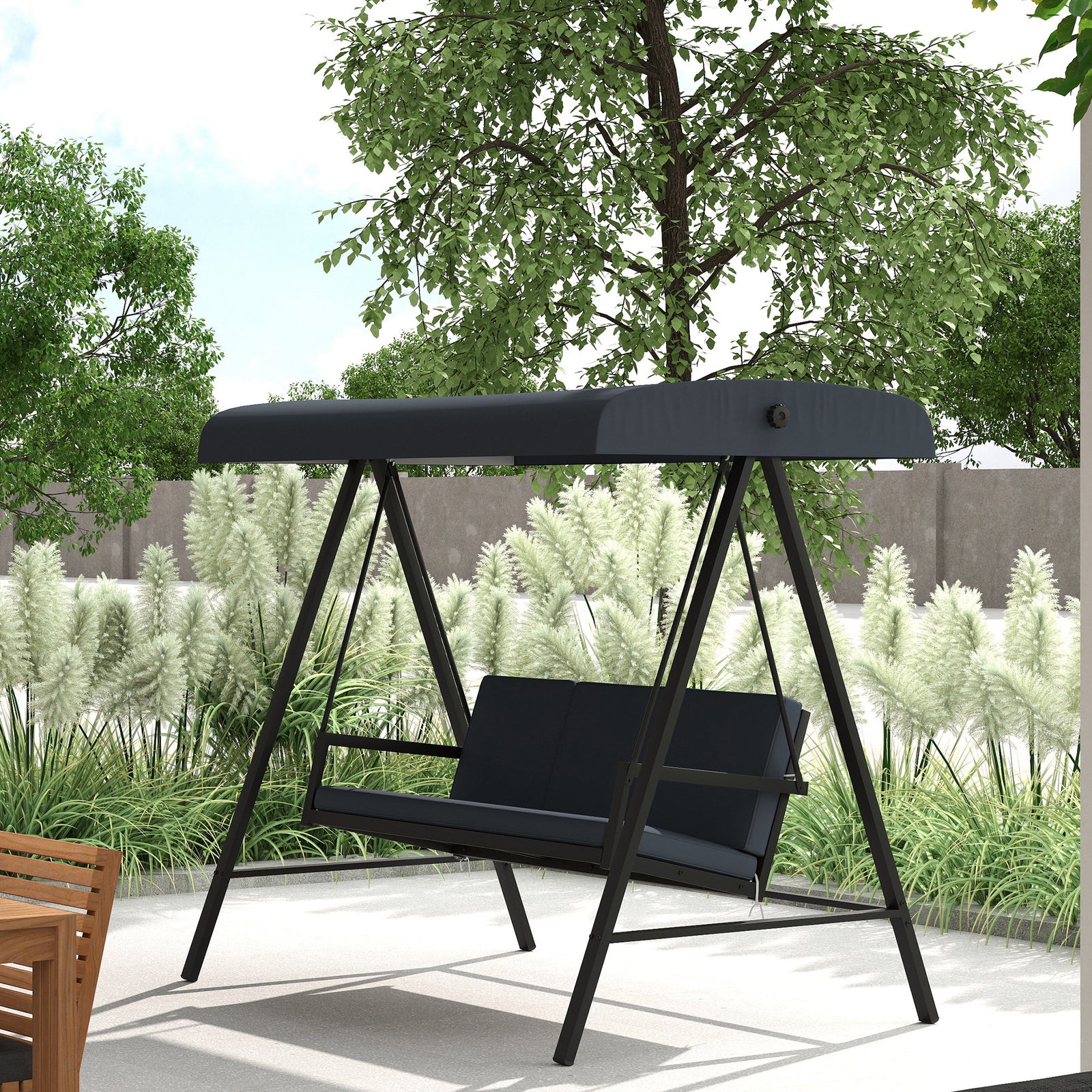 Three-Seat Garden Swing Chair, with Adjustable Canopy - Dark Grey