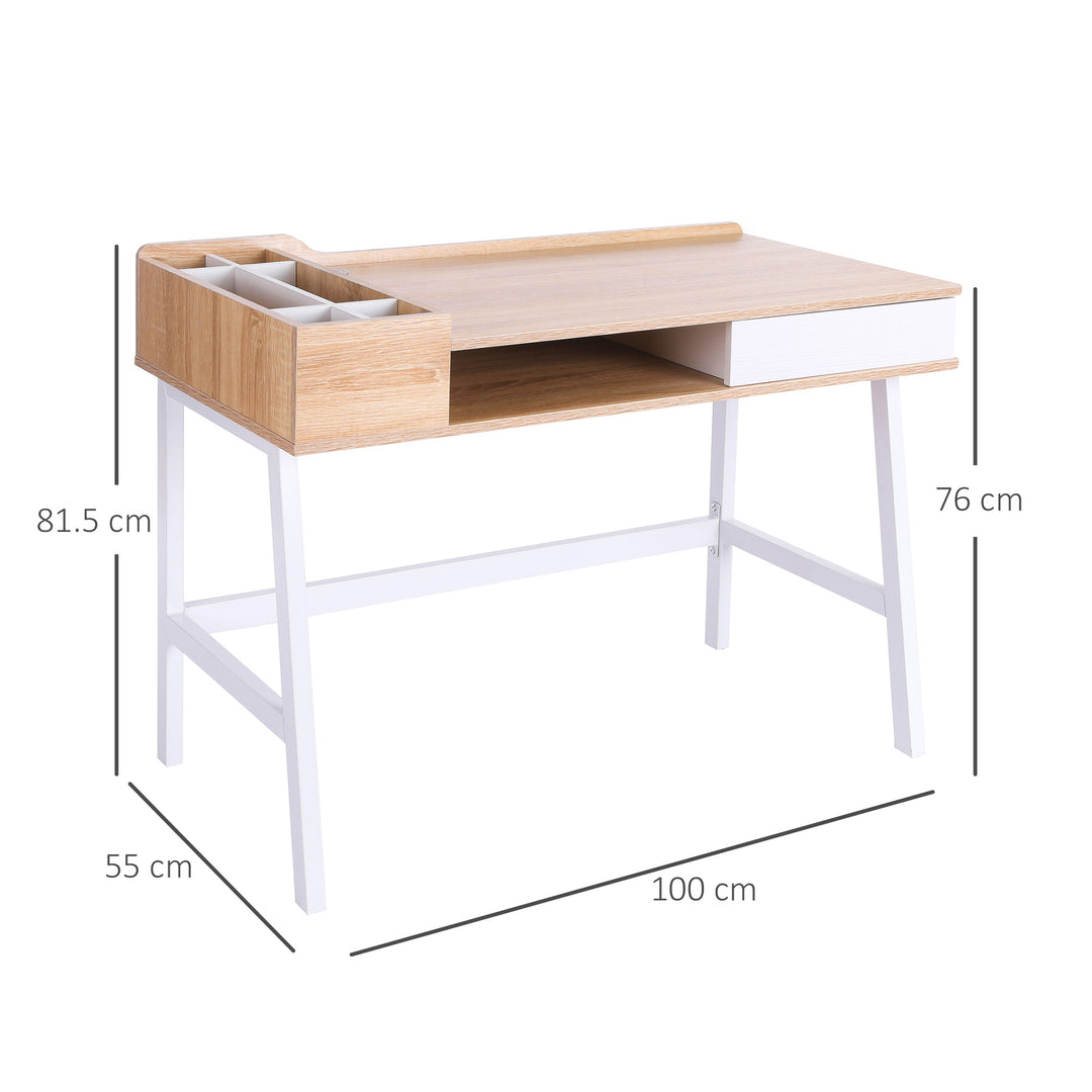 HOMCOM Writing Desk, Computer Table with Drawer, Storage Compartments, Cable Management, Metal Frame, Computer Workstation, Oak and White | Aosom UK