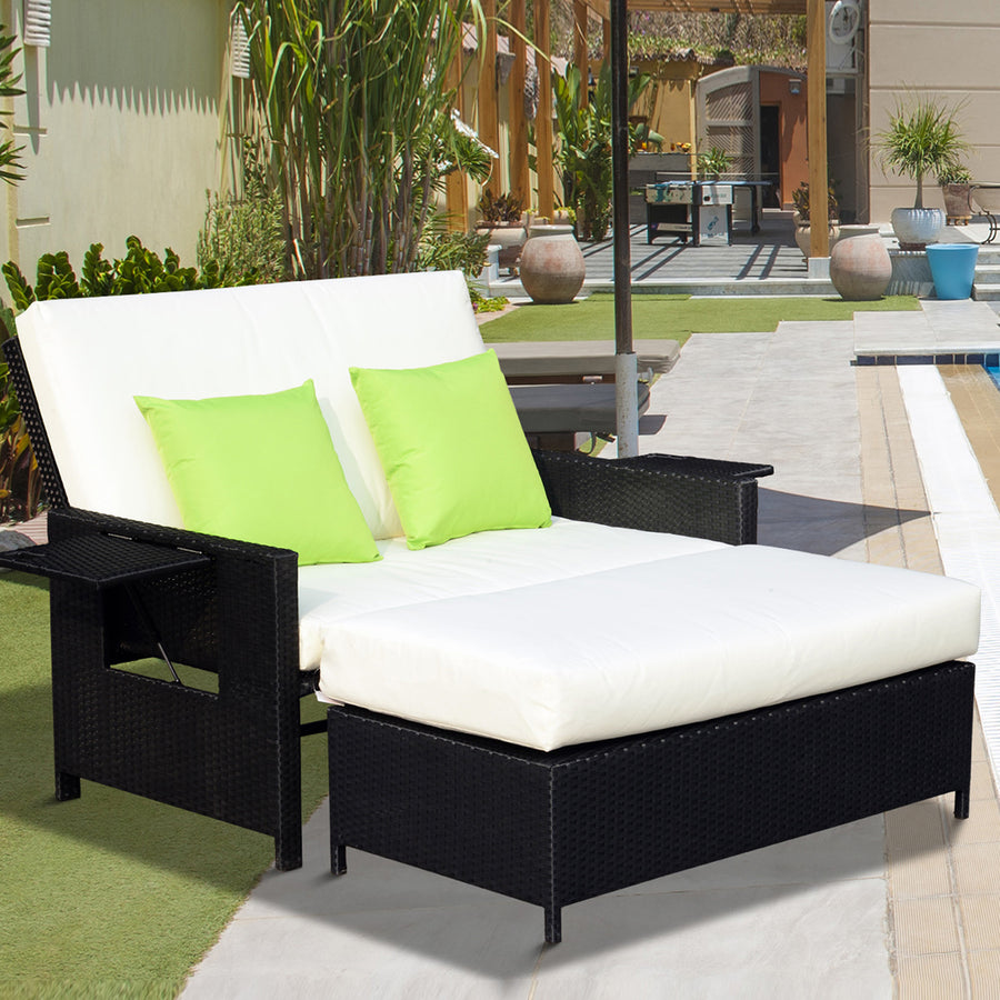 Rattan 2-Seater Sofa Sun Lounger Bed-Black