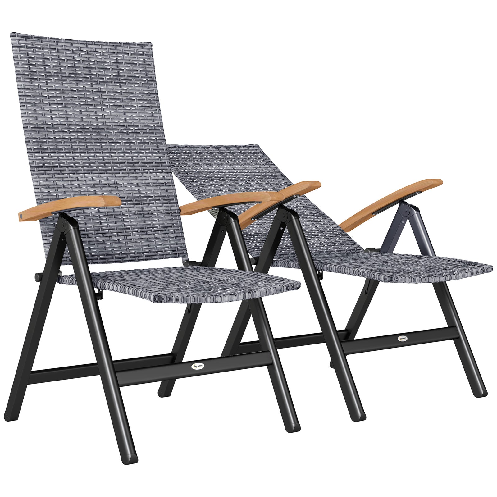 2 Pieces Folding Rattan Garden Dining Chairs with 5-level Reclining High Back, Wood Armrests for Outdoor - Light Grey