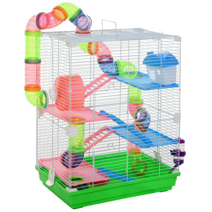 Pawhut 5 Tier Hamster Cage Carrier Habitat Small Animal House w/ Exercise Wheels Tunnel Tube Water Bottle Dishes for Dwarf Mice, Green | Aosom UK