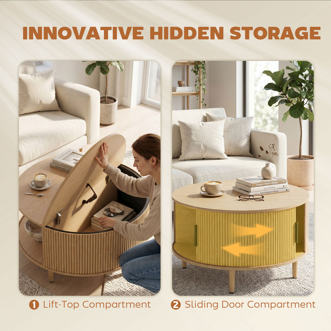 Coffee Table with Lift Top and Hidden Storage, Round Centre Table with
