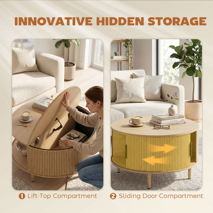 Coffee Table with Lift Top and Hidden Storage, Round Centre Table with
