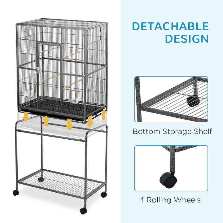 PawHut Avian Abode: Wheeled Metal Cage for Canaries & Parakeets, Wooden Perch, Feeder Tray, Jet Black | Aosom UK